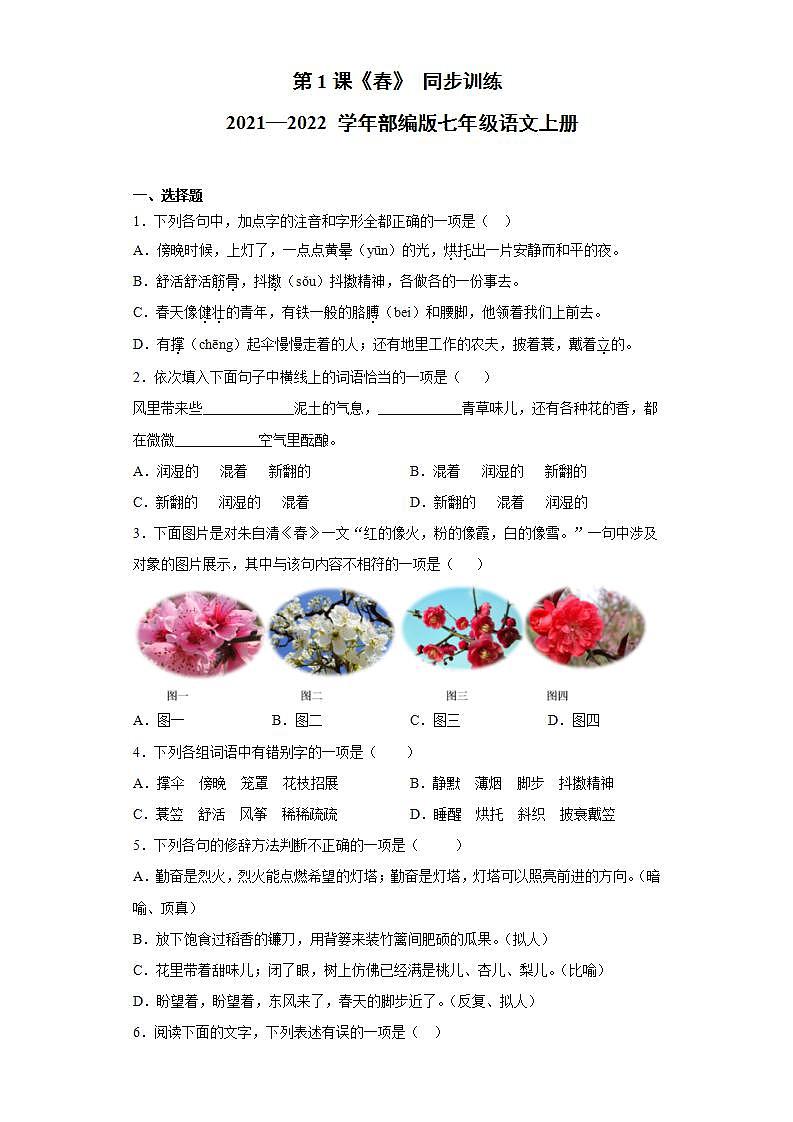 第1课《春》同步训练   2021-2022学年部编版语文七年级语文上册(word版含答案)01
