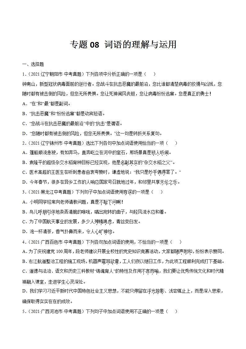 专题08 词语的理解与运用中考语文一轮复习专题含解析答案01