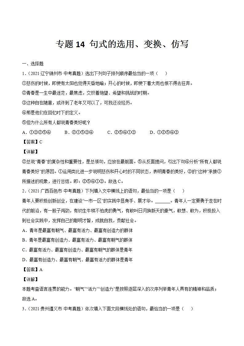 专题14 句式的选用、变换、仿写(解析版)第1页