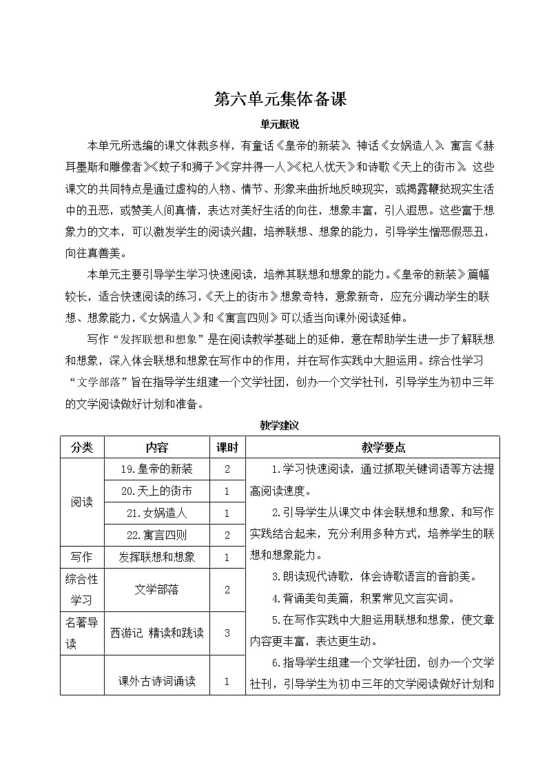 2021年初中语文 人教部编版（五四制）七年级上册 第六单元 19 皇帝的新装 教案01