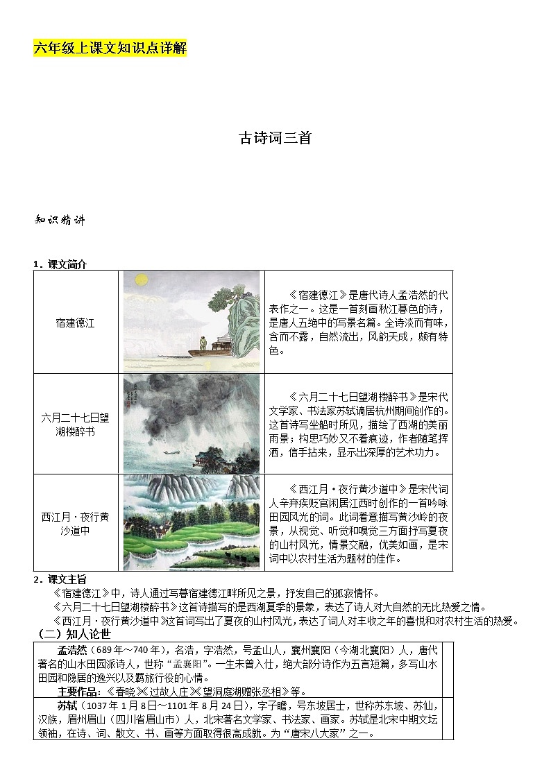 2021-2022学年 初中语文 人教部编版（五四）六年级上册 12《古诗词三首》详解及练习(解析版)第1页