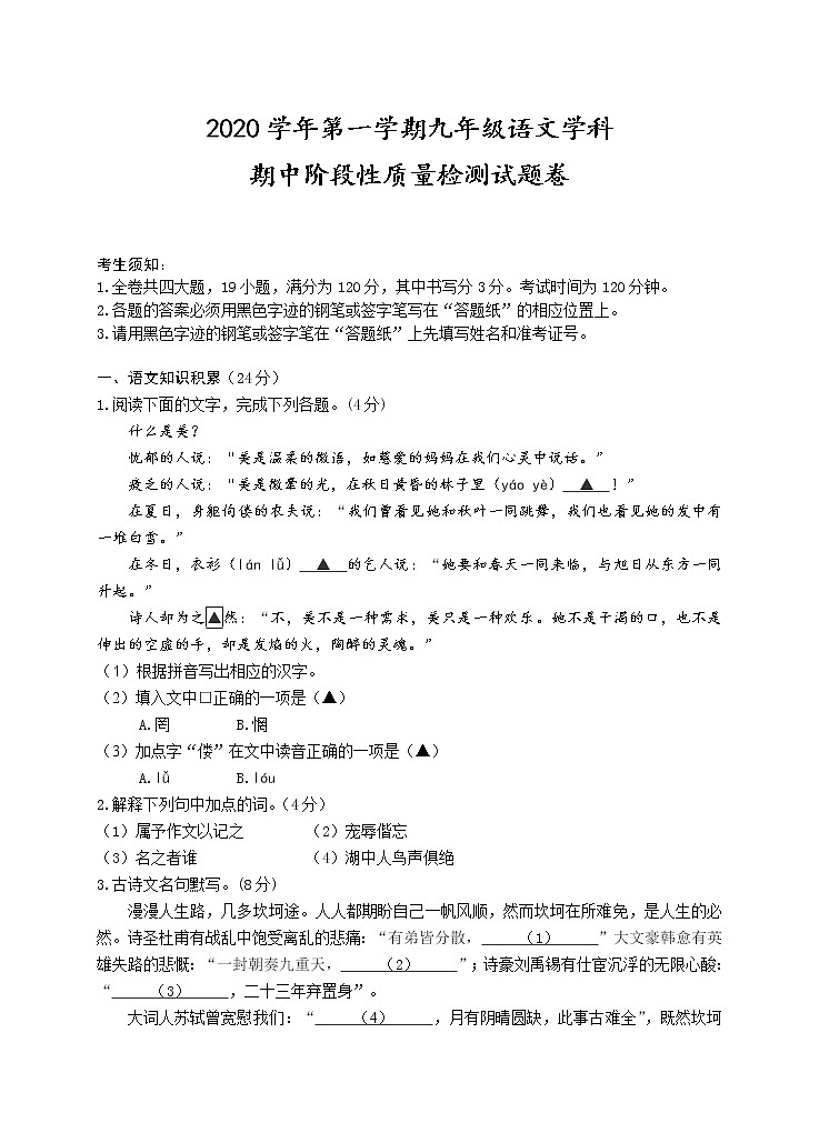 浙江省丽水市缙云县2020-2021学年九年级上学期期中阶段性质量检测语文试题第1页