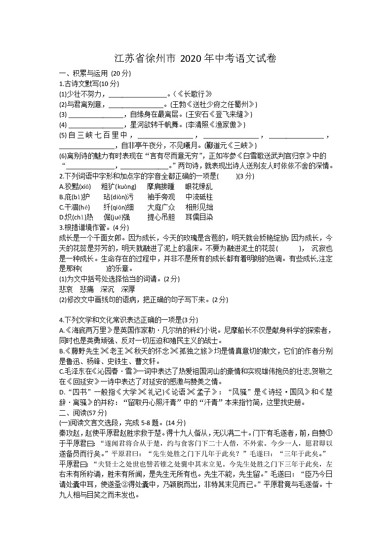 2020年江苏省徐州市中考语文试题（含答案）01