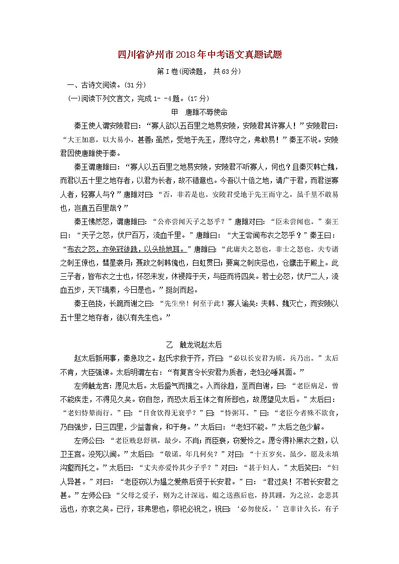 【中考真题】2018年中考语文试卷 四川省泸州市（含答案）01