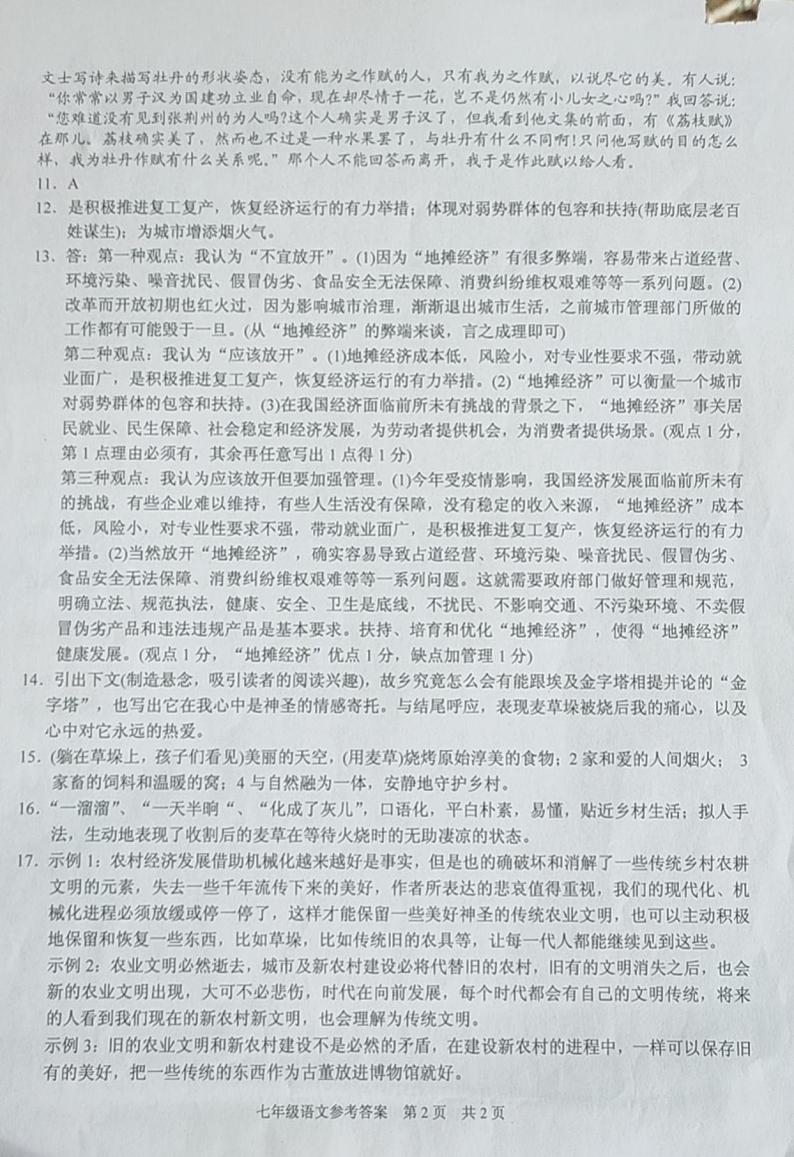 苏州市高新区2019-2020学年第二学期七年级语文期末质量测试 答案第2页