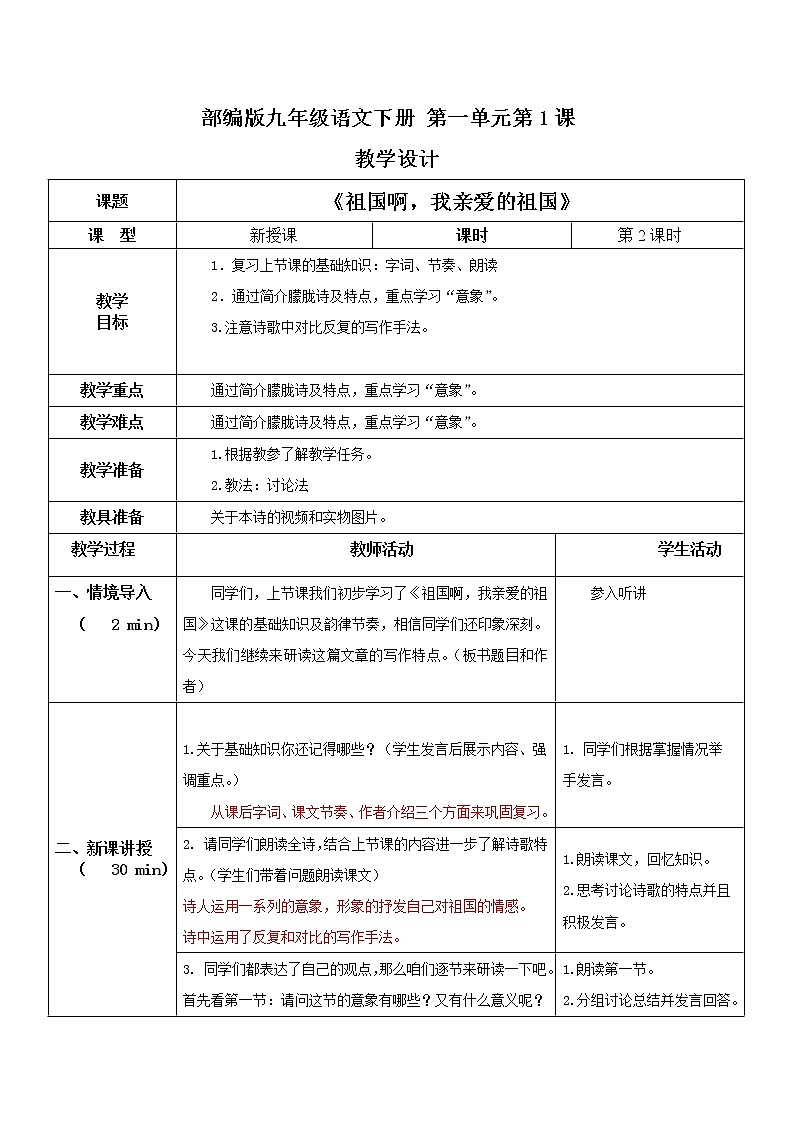 部编版初中语文九下《祖国啊，我亲爱的祖国》第二课时课件+教案+习题01
