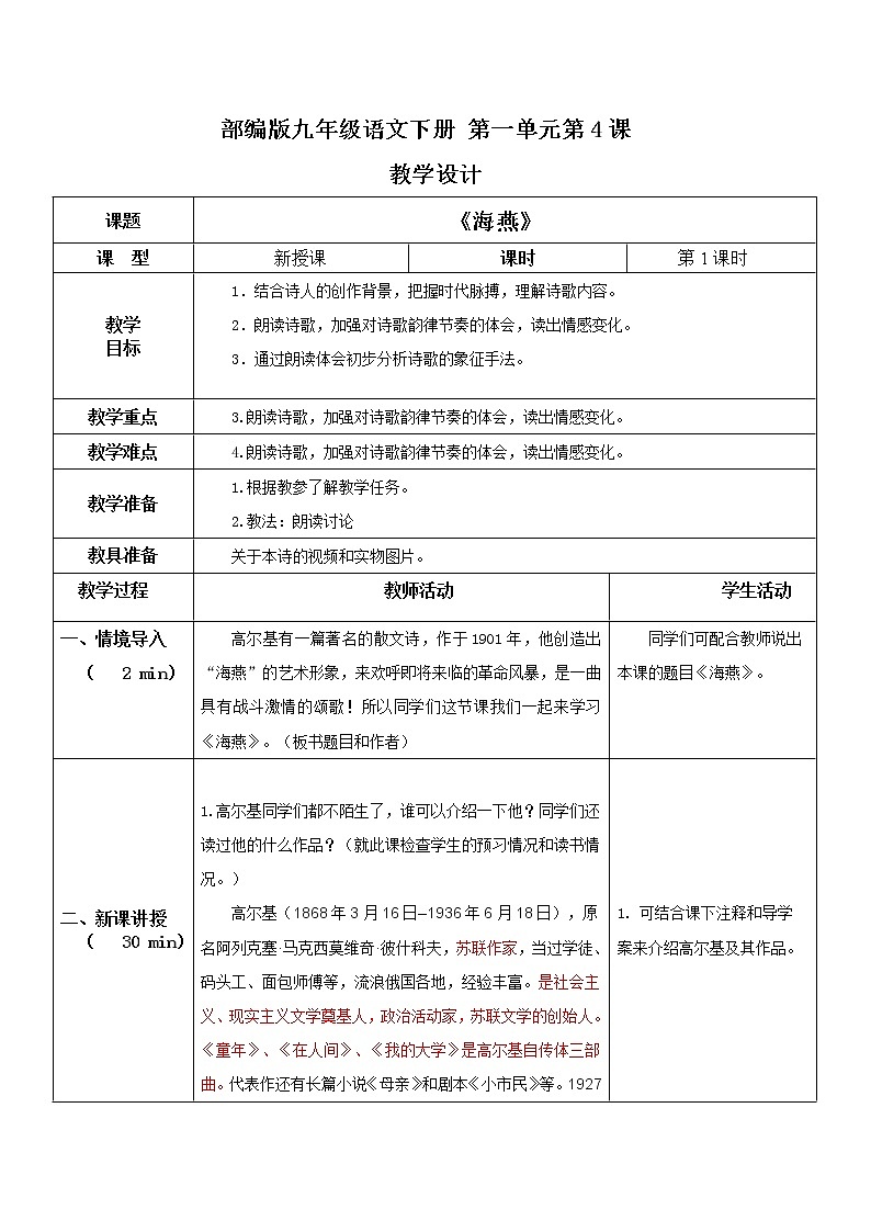 部编版初中语文九下《海燕》第一课时课件+教案+习题01