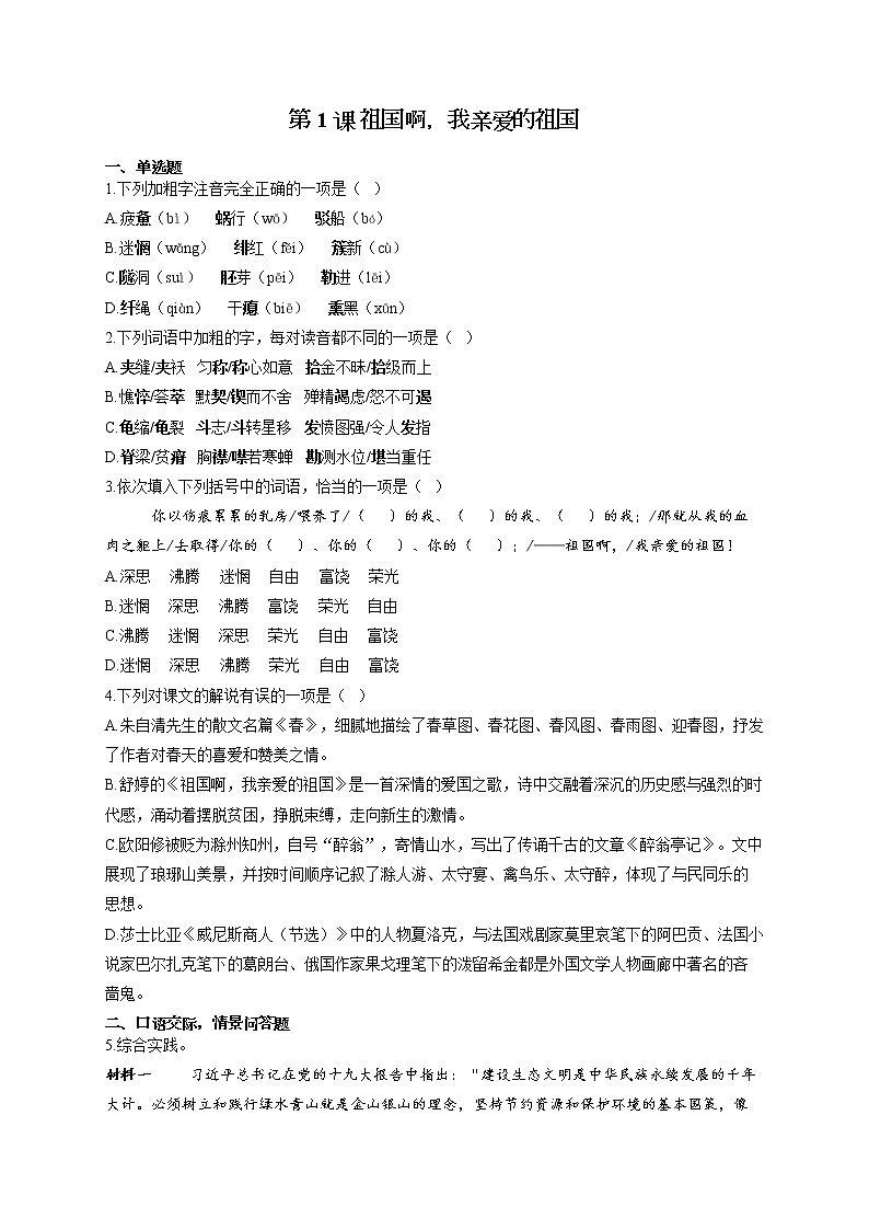 部编版九年级语文下册同步课时作业 第1课 祖国啊，我亲爱的祖国 练习01