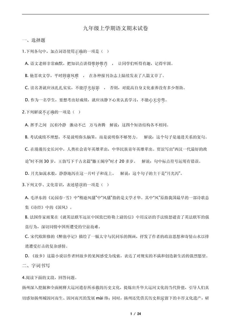 2021年江苏省扬州市仪征市九年级上学期语文期末试卷01