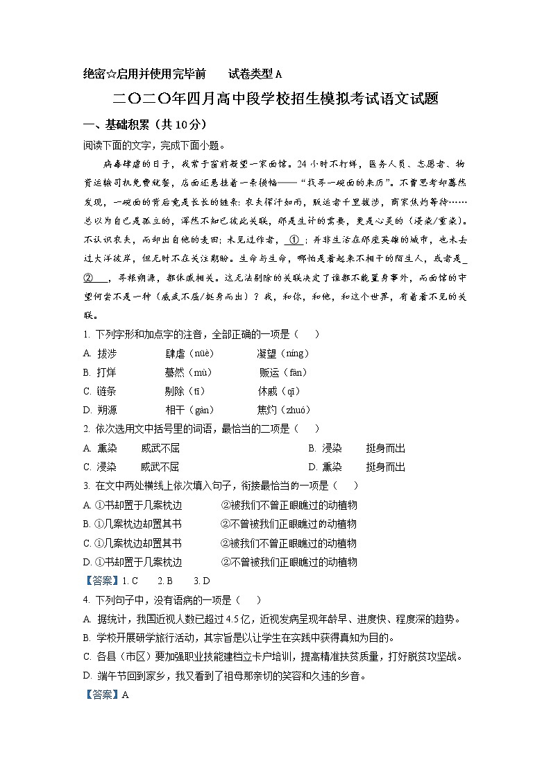 2020年山东省济宁市中考一模语文试题01