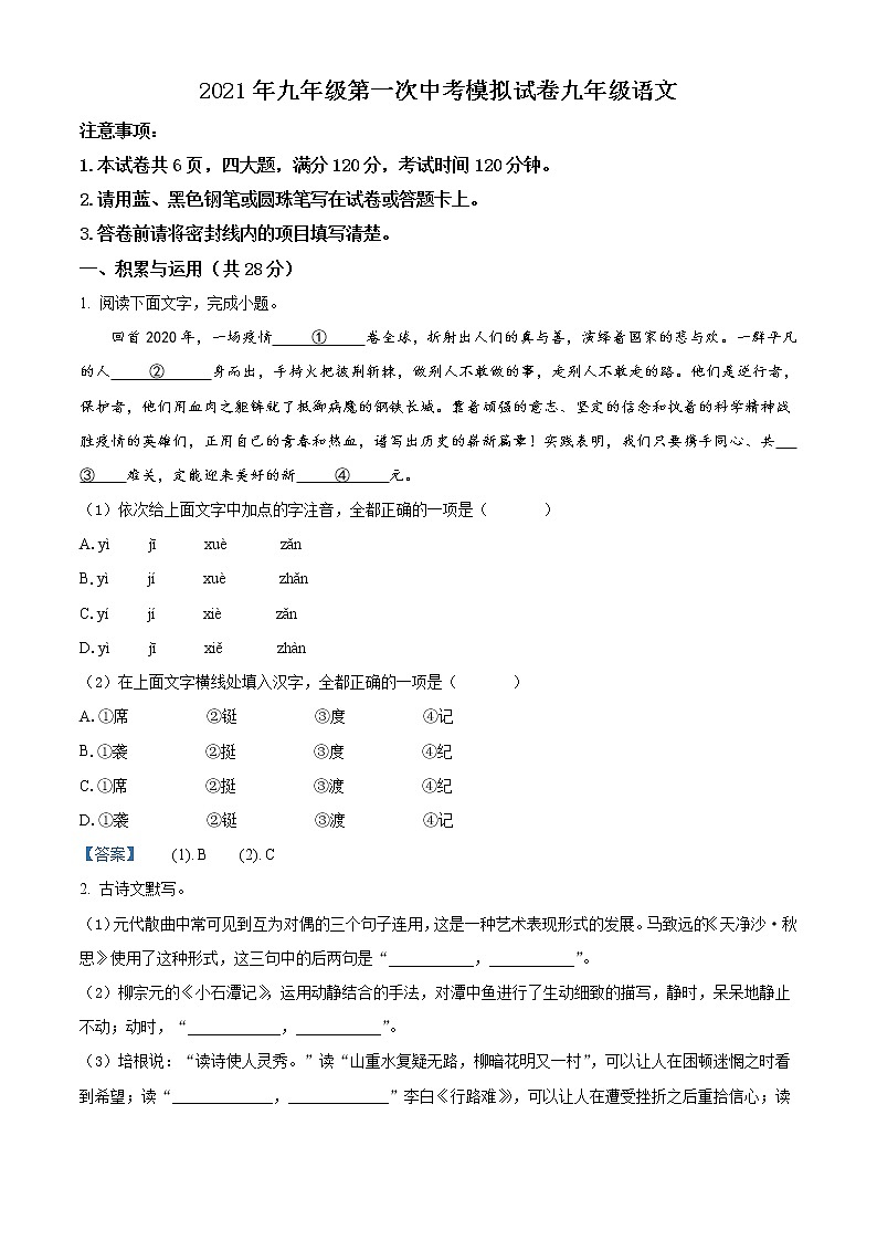 2020年河南省郑州市中考一模语文试题01