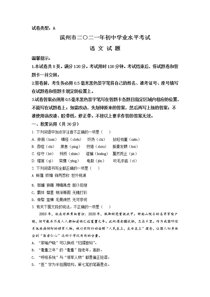 2021年山东省滨州市中考语文试题（原卷+解析）01