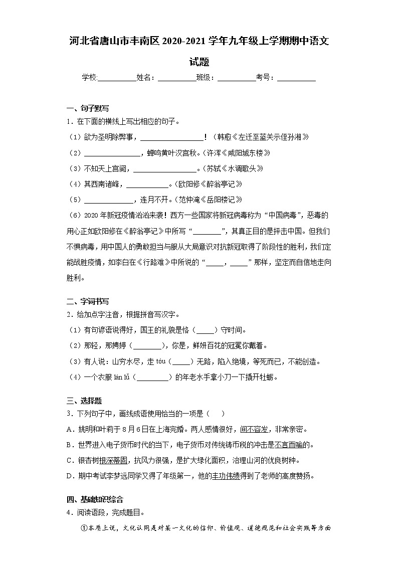 河北省唐山市丰南区2020-2021学年九年级上学期期中语文试题（word版 含答案）01