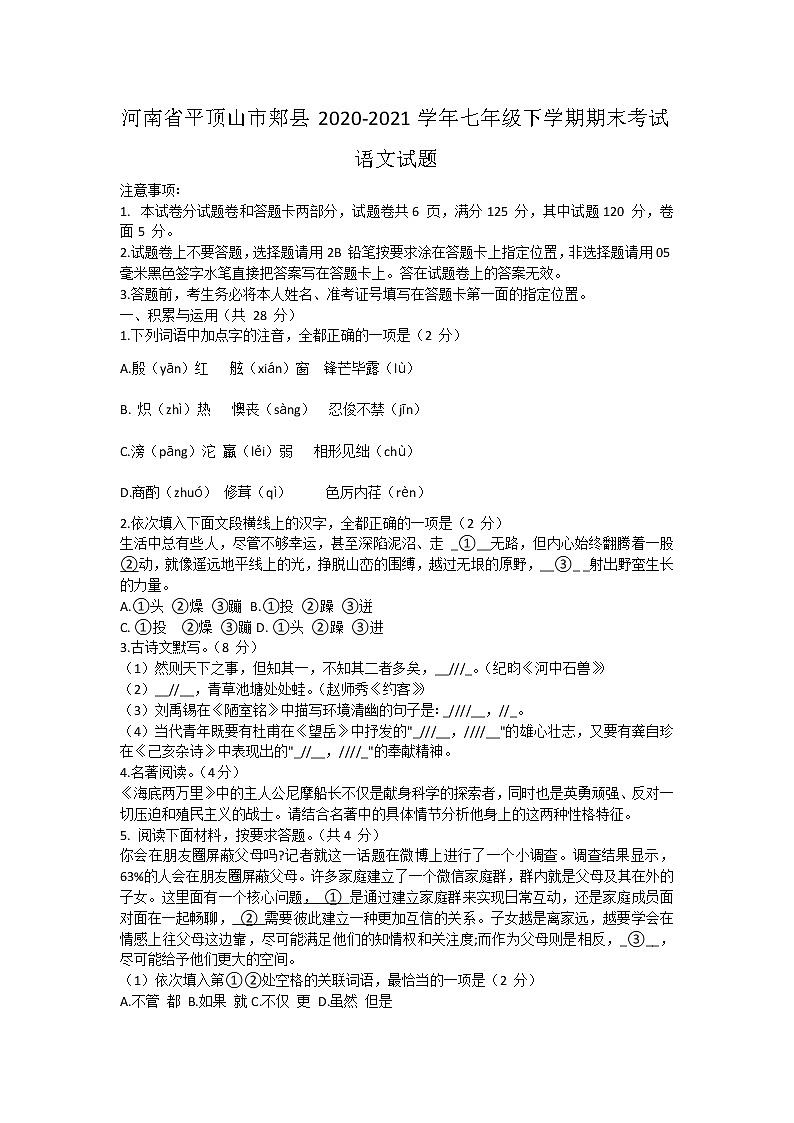 河南省平顶山市郏县2020-2021学年七年级下学期期末考试语文试题（含答案）01