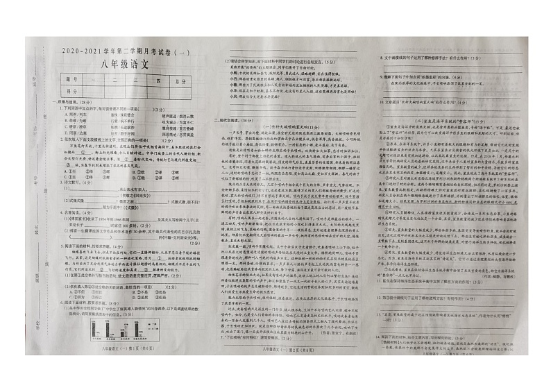 河南省郸城县白马镇春蕾中学2020—2021学年八年级下学期第一次月考语文试题（图片版，含答案）第1页