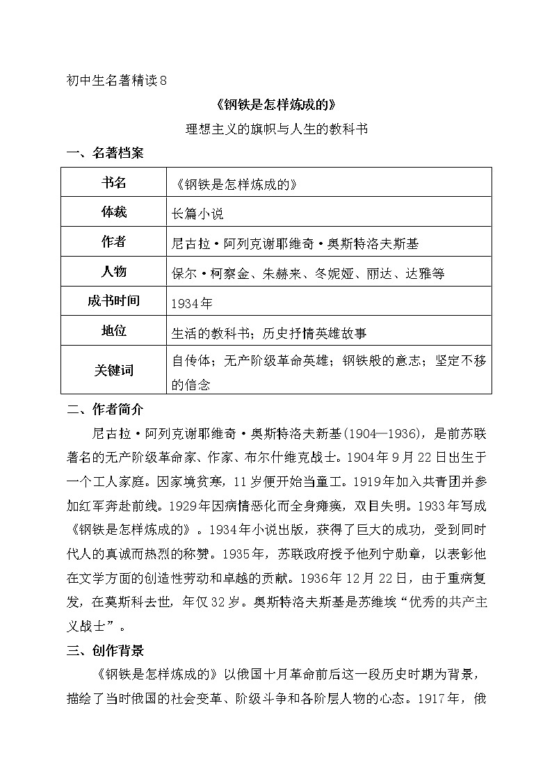 8《钢铁是怎样炼成的》-2022年中考一轮复习之名著精读第1页