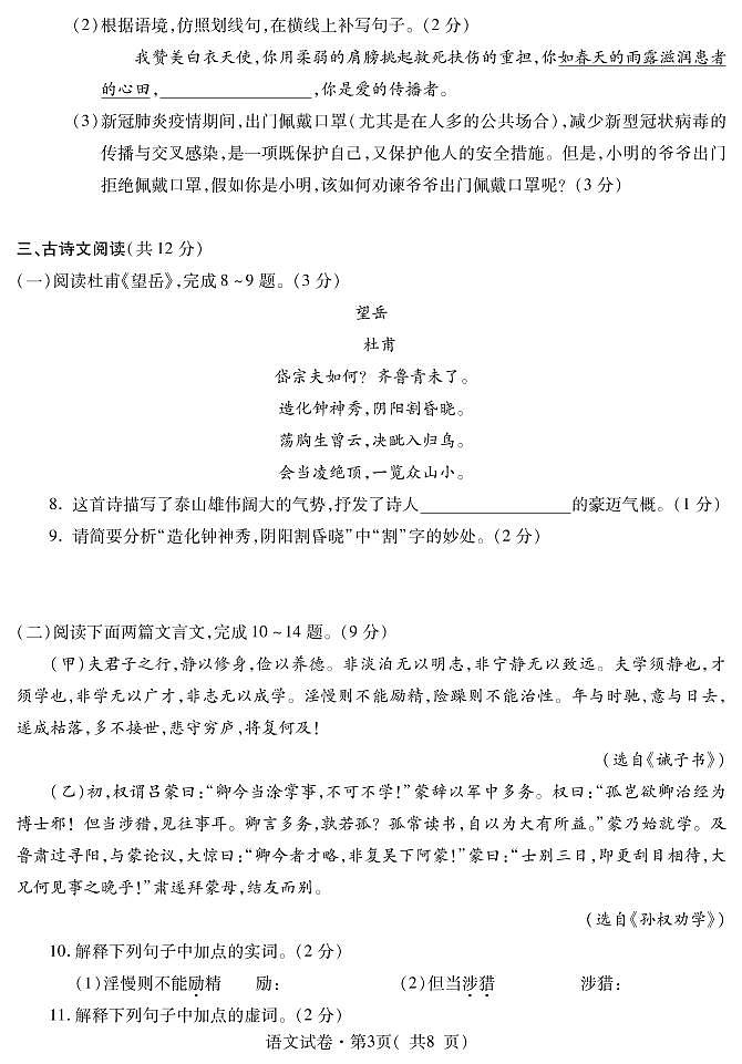青海省西宁市2020年九年级调研测试（一模）语文试题（含答案）（可编辑PDF版）03