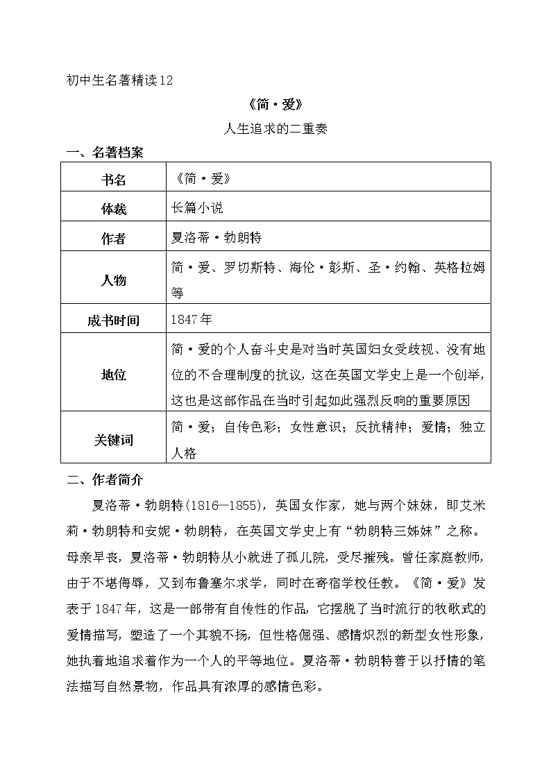 12《简•爱》-2022年中考一轮复习之名著精读第1页