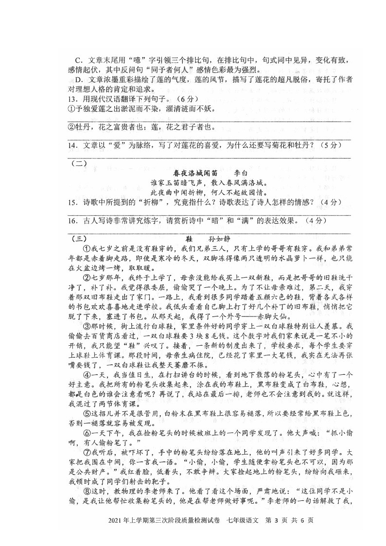 湖南省娄底市涟源市2020-2021学年七年级下学期第三次阶段质量检测语文试题（图片版无答案）第3页