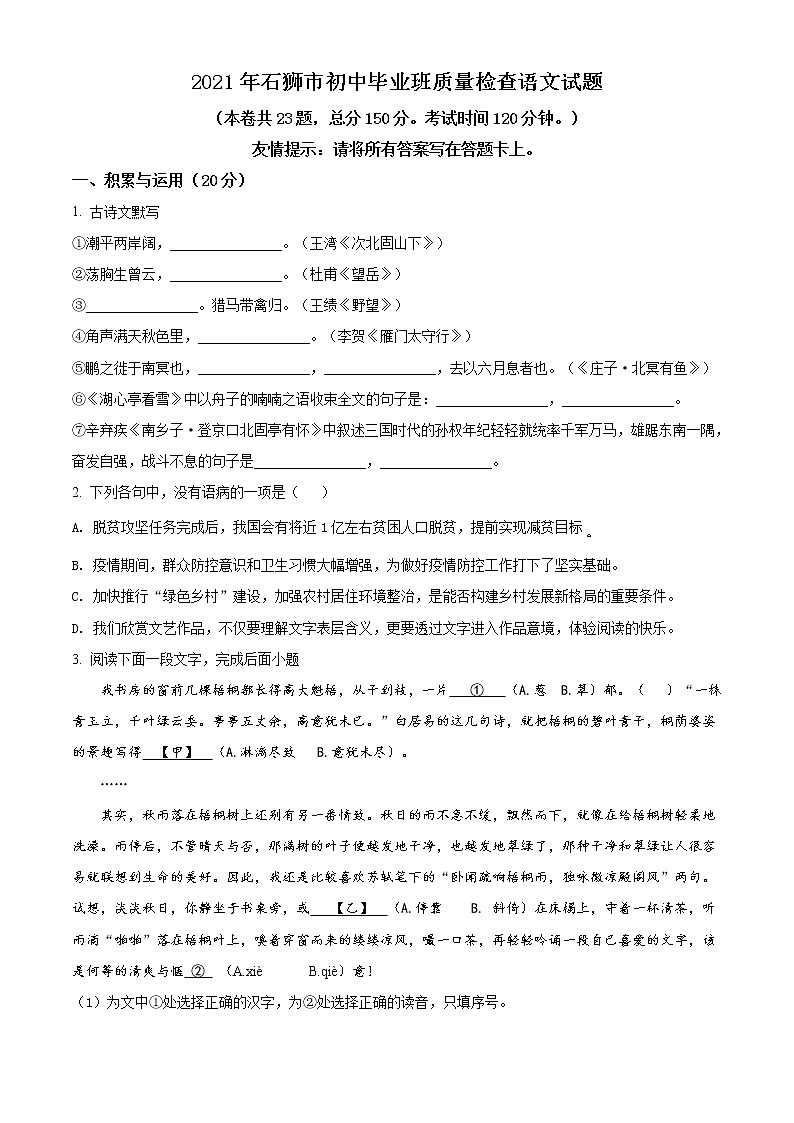 精品解析：2021年福建省泉州石狮市中考一模语文试题01
