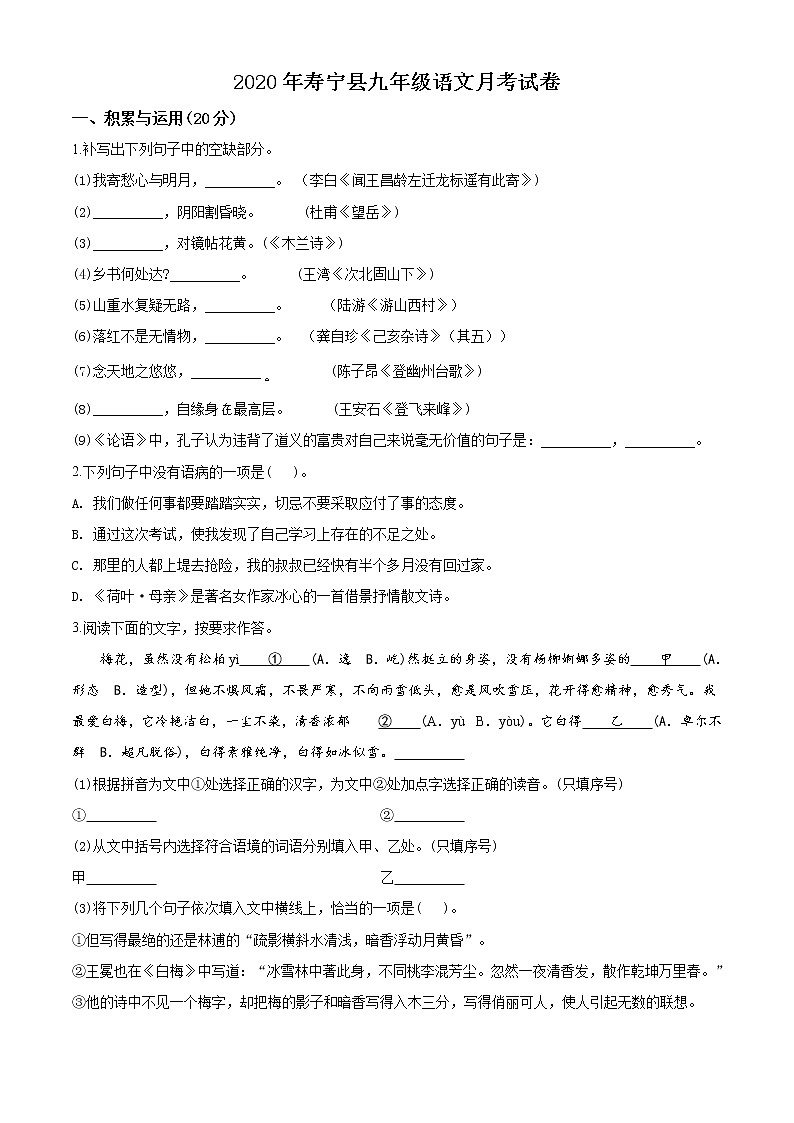 精品解析：2020年福建省宁德市寿宁县中考一模语文试题01