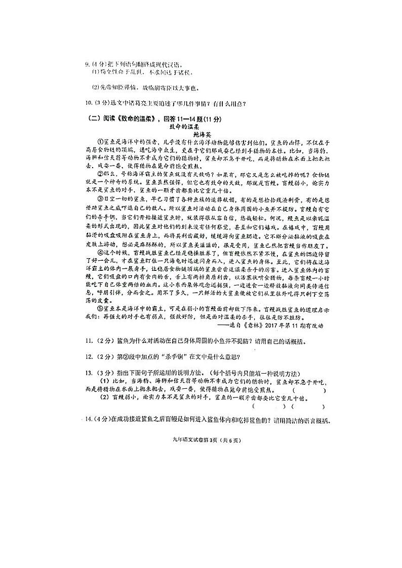 黑龙江省哈尔滨市道外区2020_2021学年度九年级上学期期未调研测试语文试卷  图片版（含答案）第3页