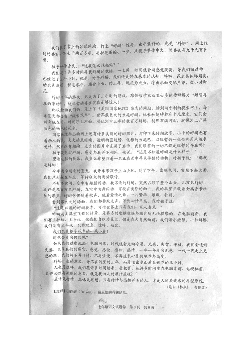 浙江省丽水市2019-2020学年第二学期七年级语文期末考试试题（图片版，无答案）第3页