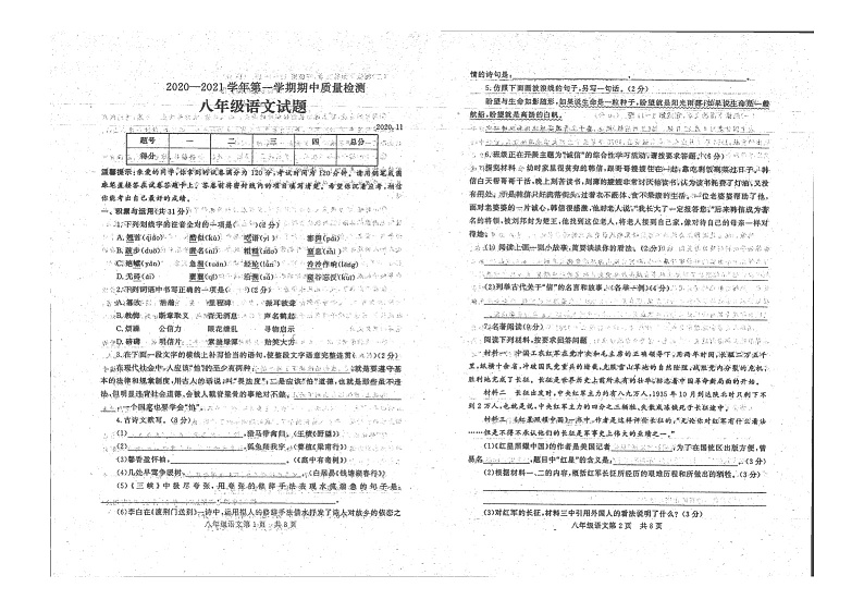 河南省濮阳市台前县2020-2021学年上学期八年级语文期中质检试题第1页
