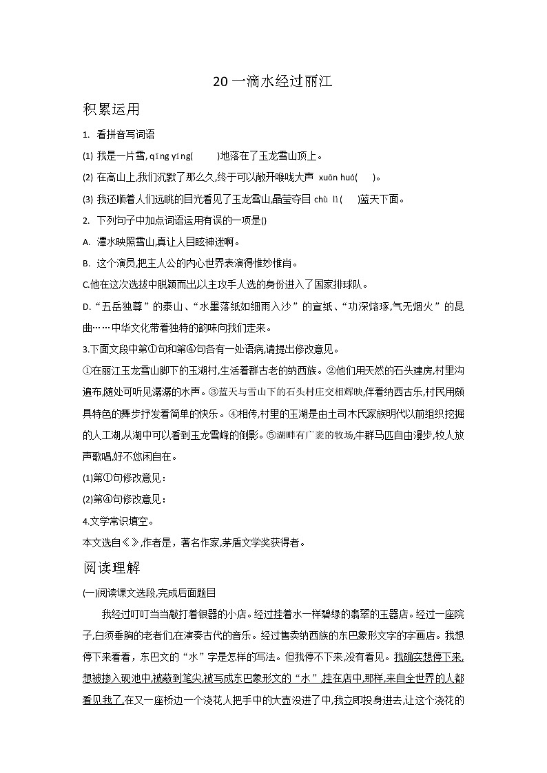 第20课  一滴水经过丽江-2021-2022学年八年级语文下学期同步练习第1页