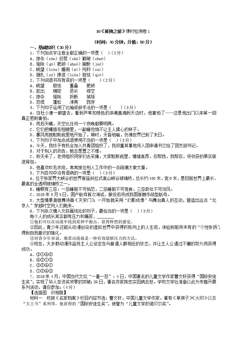 16 孤独之旅 课时检测卷1第1页