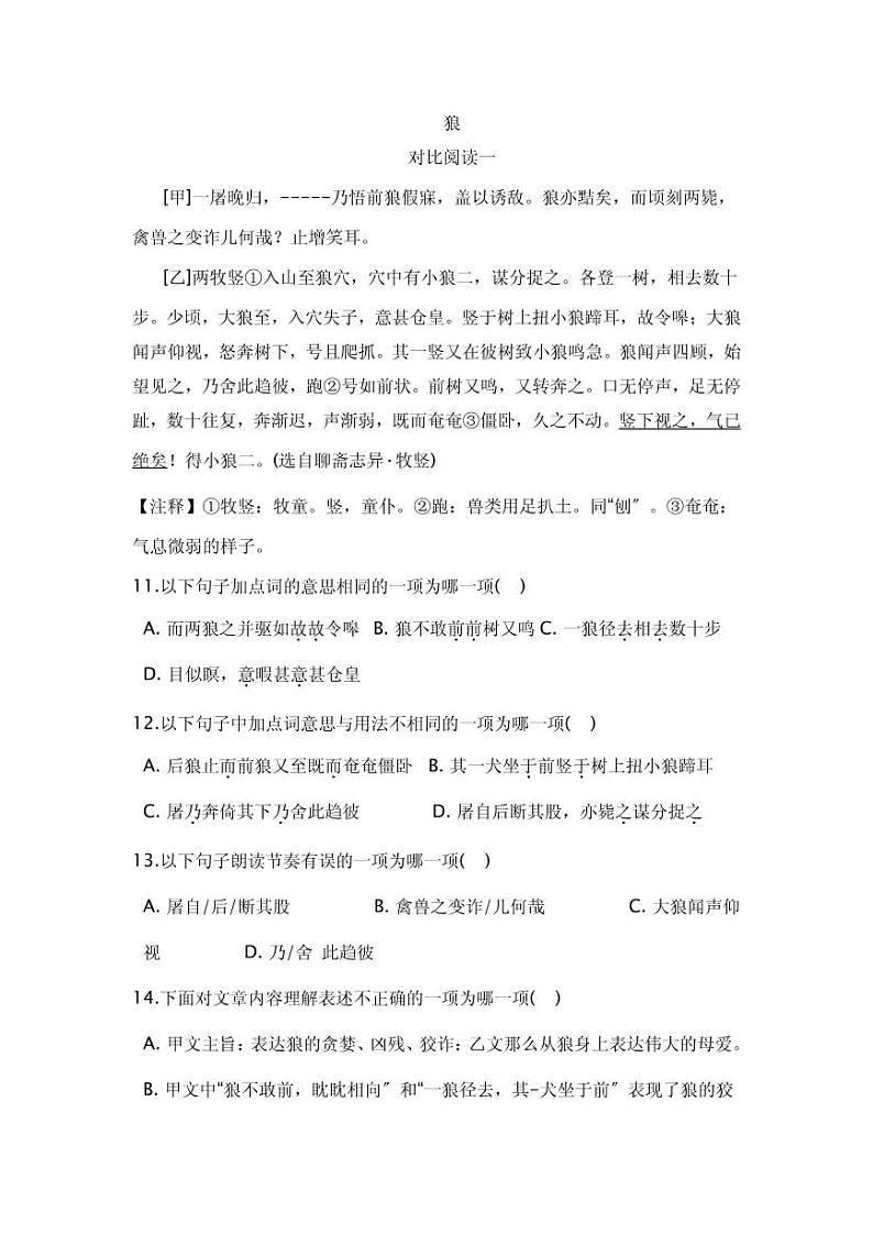 七年级语文上册《狼》中考对比阅读复习含答案 试卷01
