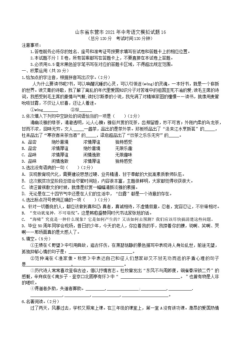 山东省东营市2021年中考语文模拟试题16（word版含答案）01