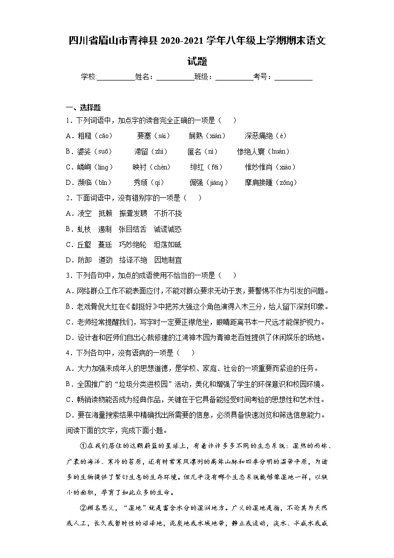 四川省眉山市青神县2020-2021学年八年级上学期期末语文试题（word版 含答案）第1页