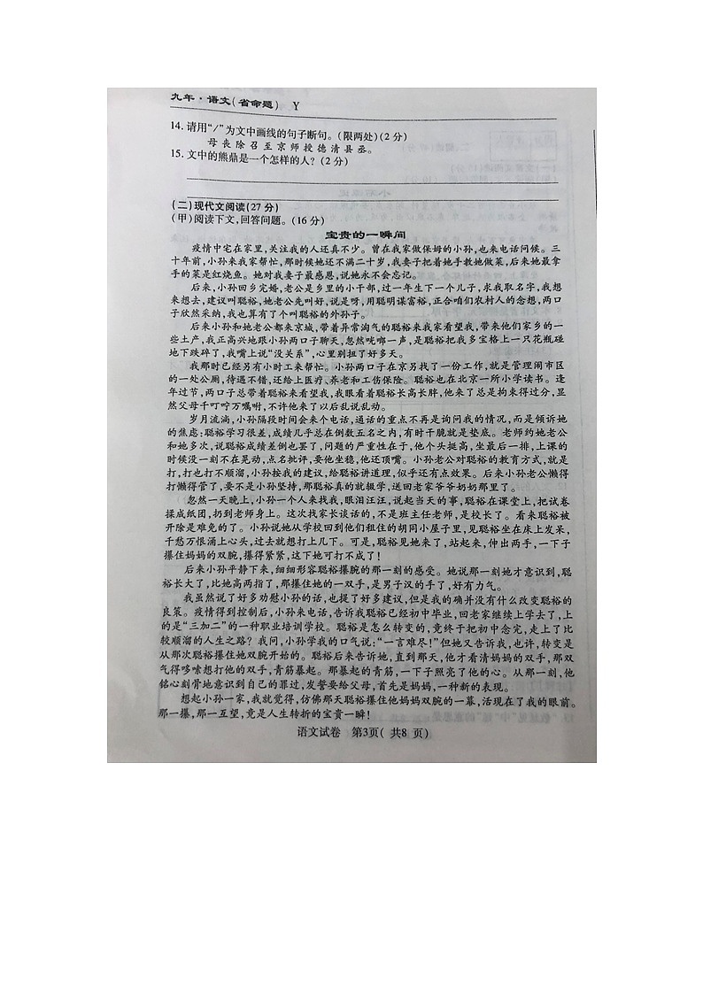 2021年吉林省通化市梅河口市实验中学名校调研系列语文第五次模拟考试（图片版无答案）练习题第3页