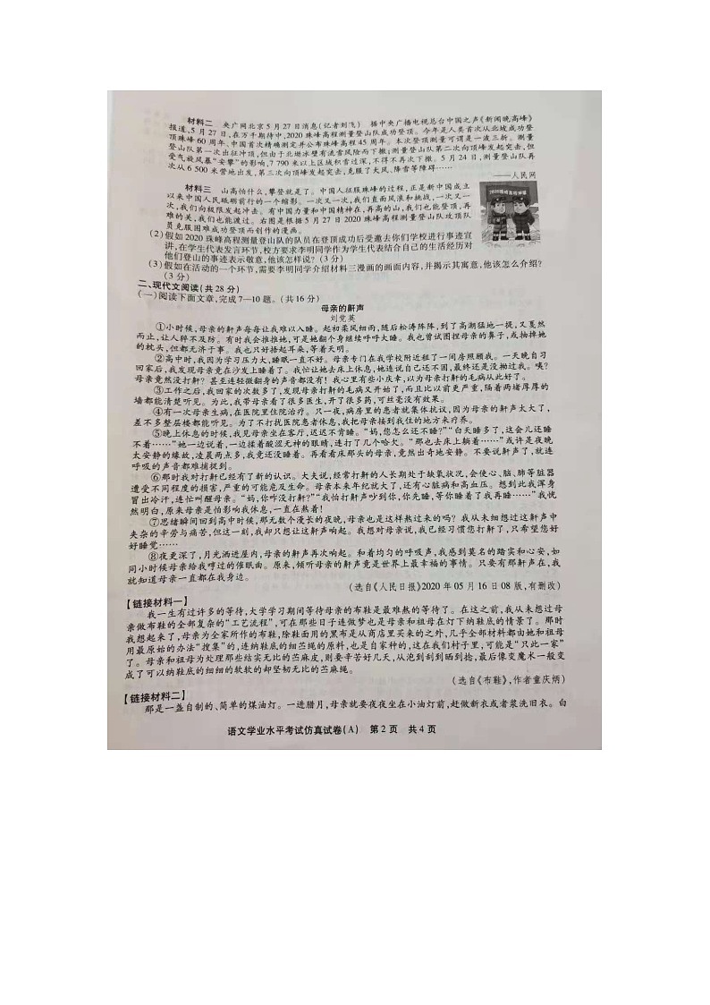 2021年河南省中考学业水平考试仿真语文试卷A（无答案）02