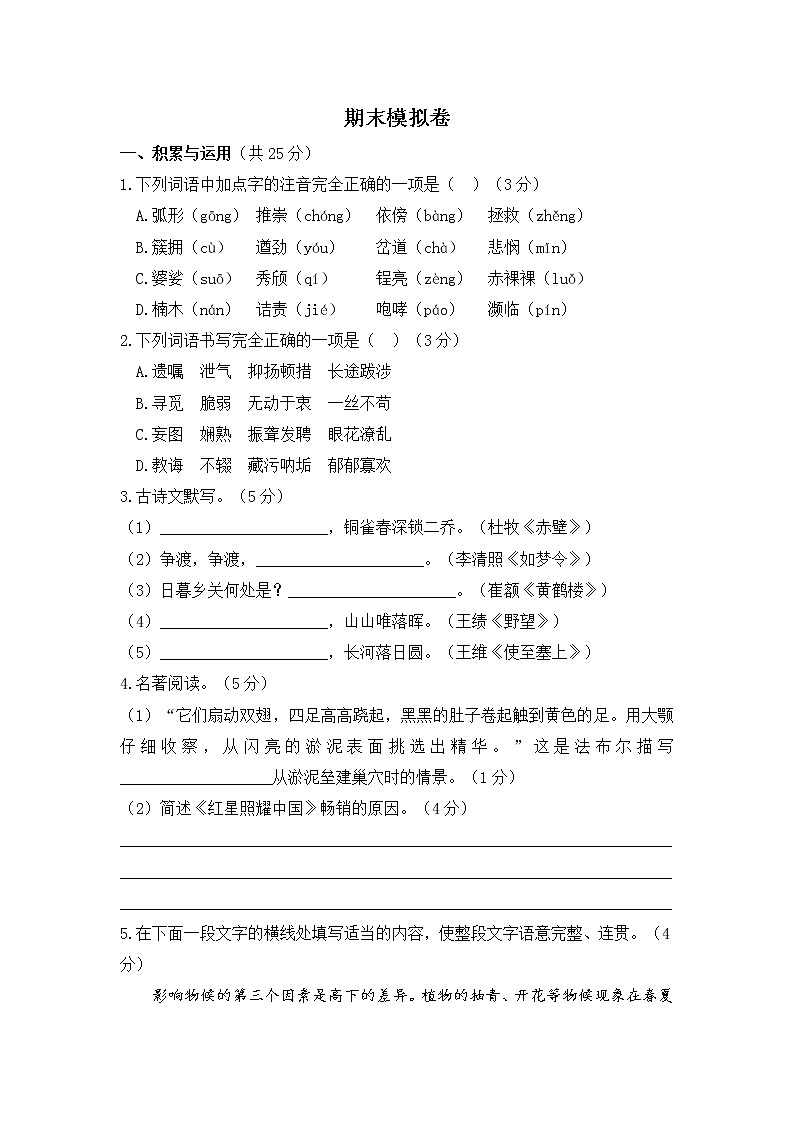 八年级上语文期末模拟卷  部编版含答案01