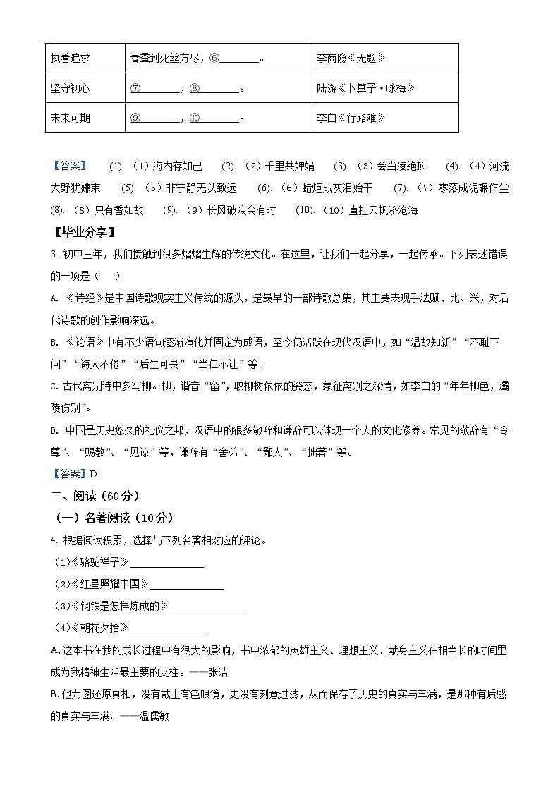 2021年浙江省台州市椒江区中考一模语文试题及答案第2页