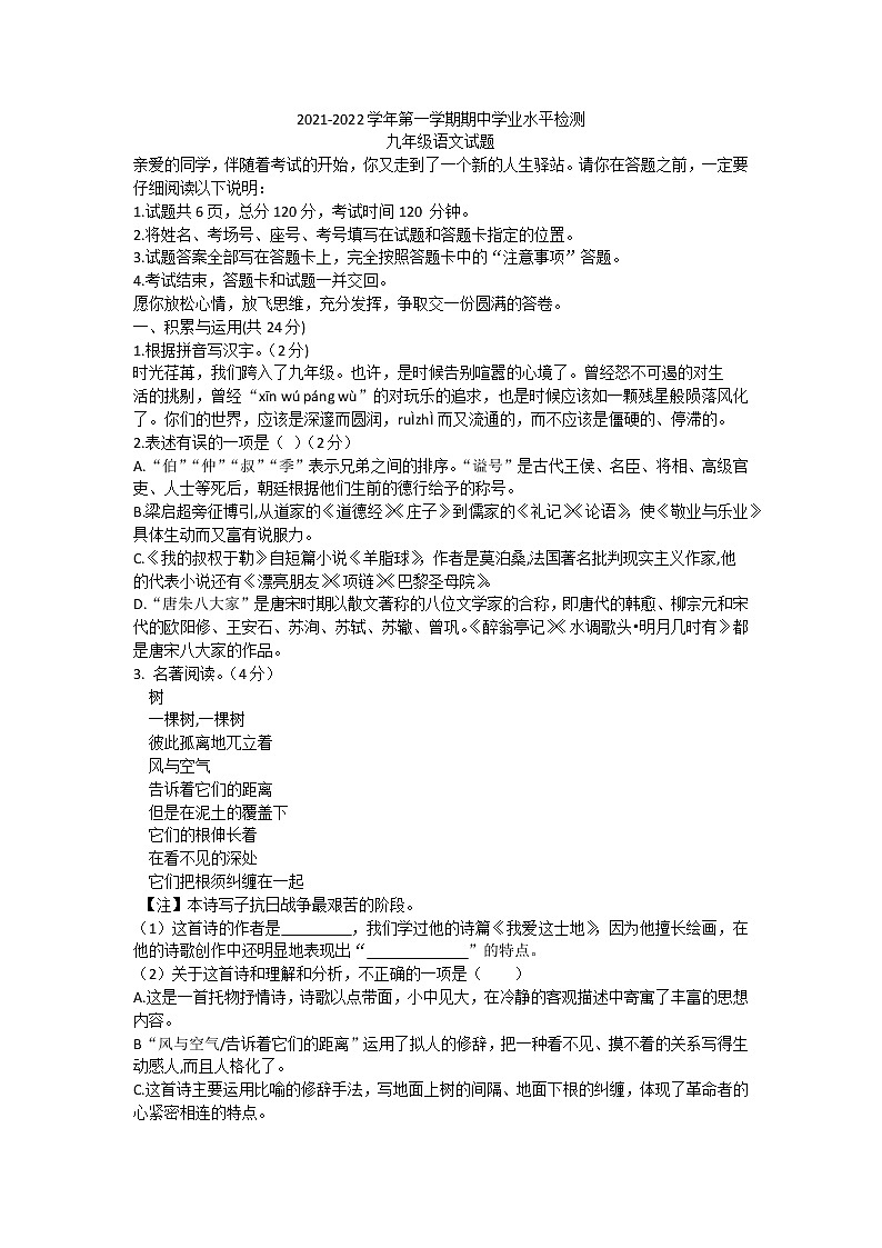 山东省聊城市冠县2021-2022学年九年级上学期期中学业水平检测语文试题（Word版含答案）01