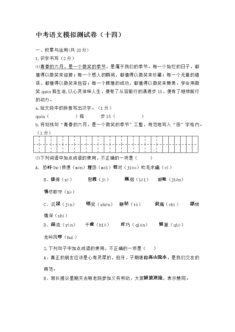 中考语文模拟测试卷（十三）第1页