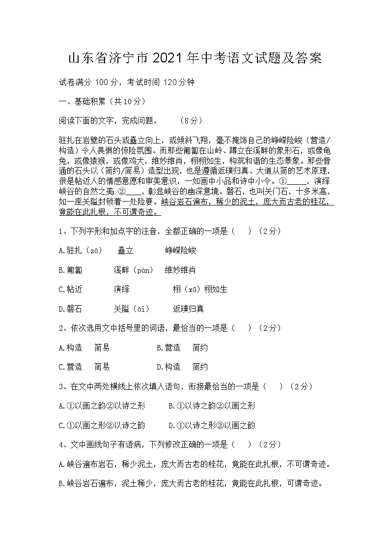 山东省济宁市2021年中考语文试题及答案01