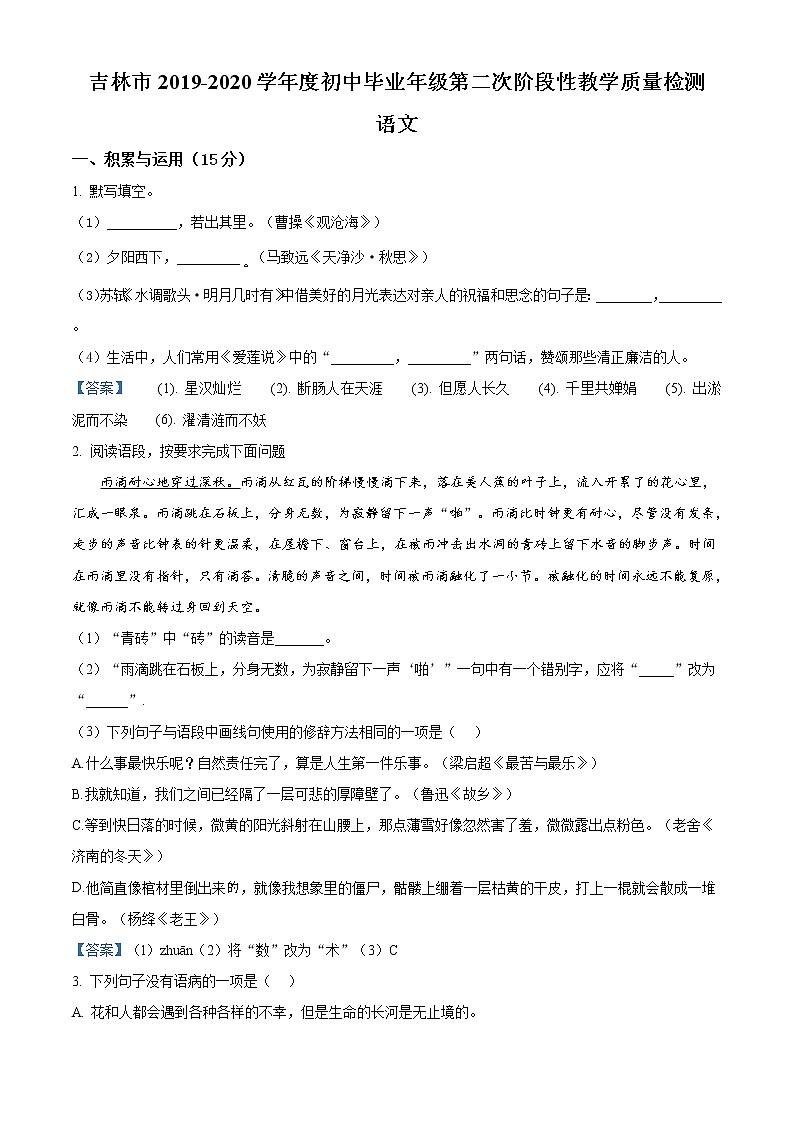 2020年吉林省吉林市二模语文试题及答案第1页