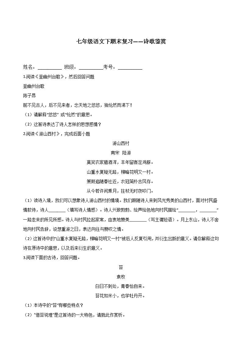 专题07  诗歌鉴赏-2020-2021学年七年级语文下学期期末复习（部编版）01