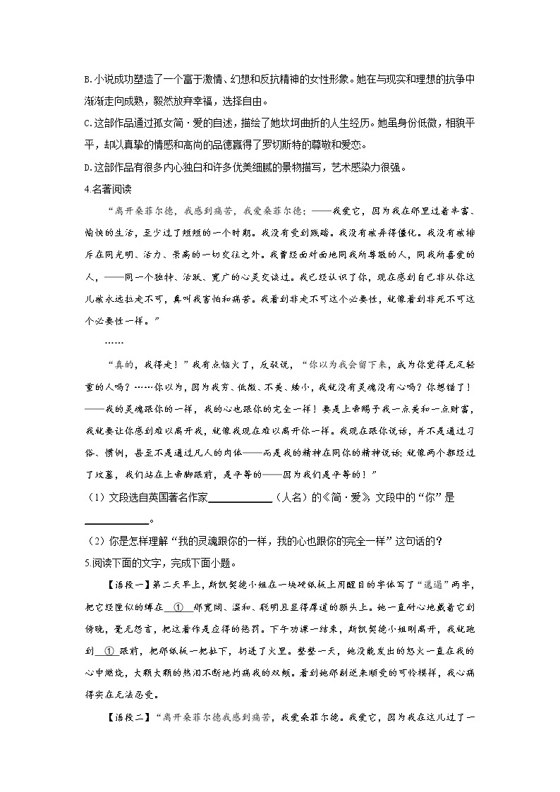 2022届中考语文一轮复习名著阅读专项练习《简·爱》《鲁滨逊漂流记》02