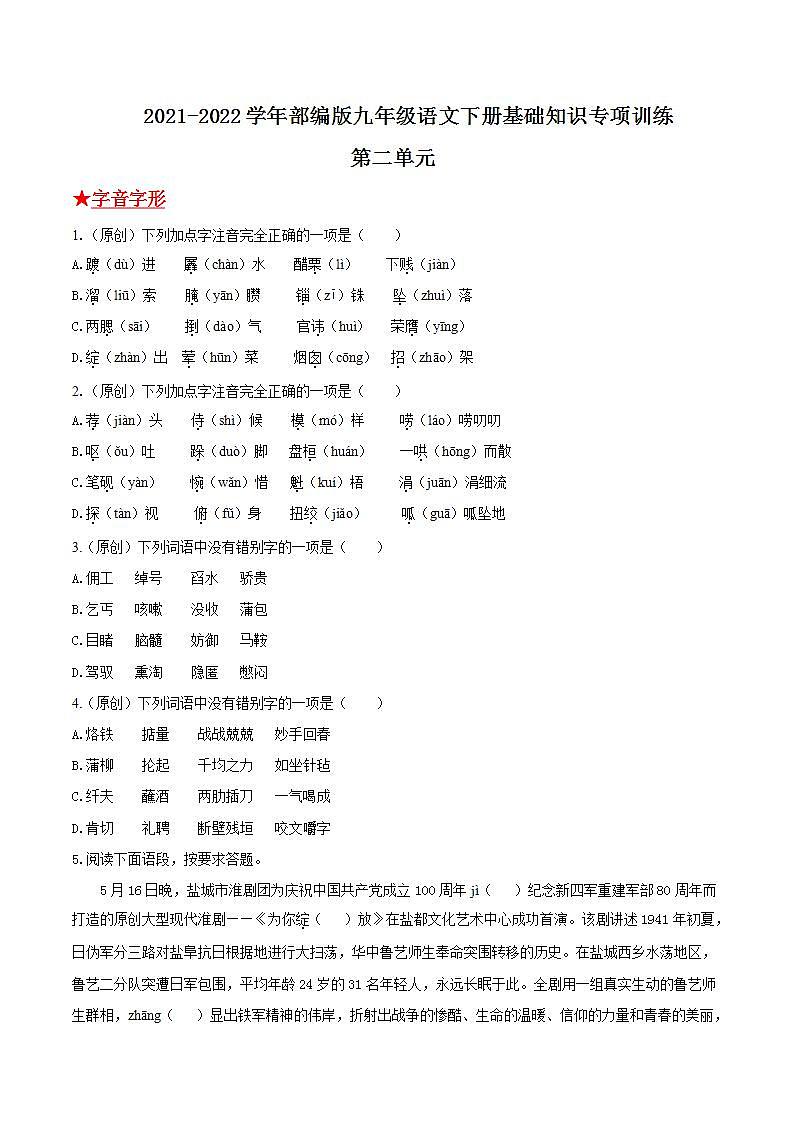 第二单元 2021-2022学年九年级语文下册基础知识专项复习（部编版）第1页