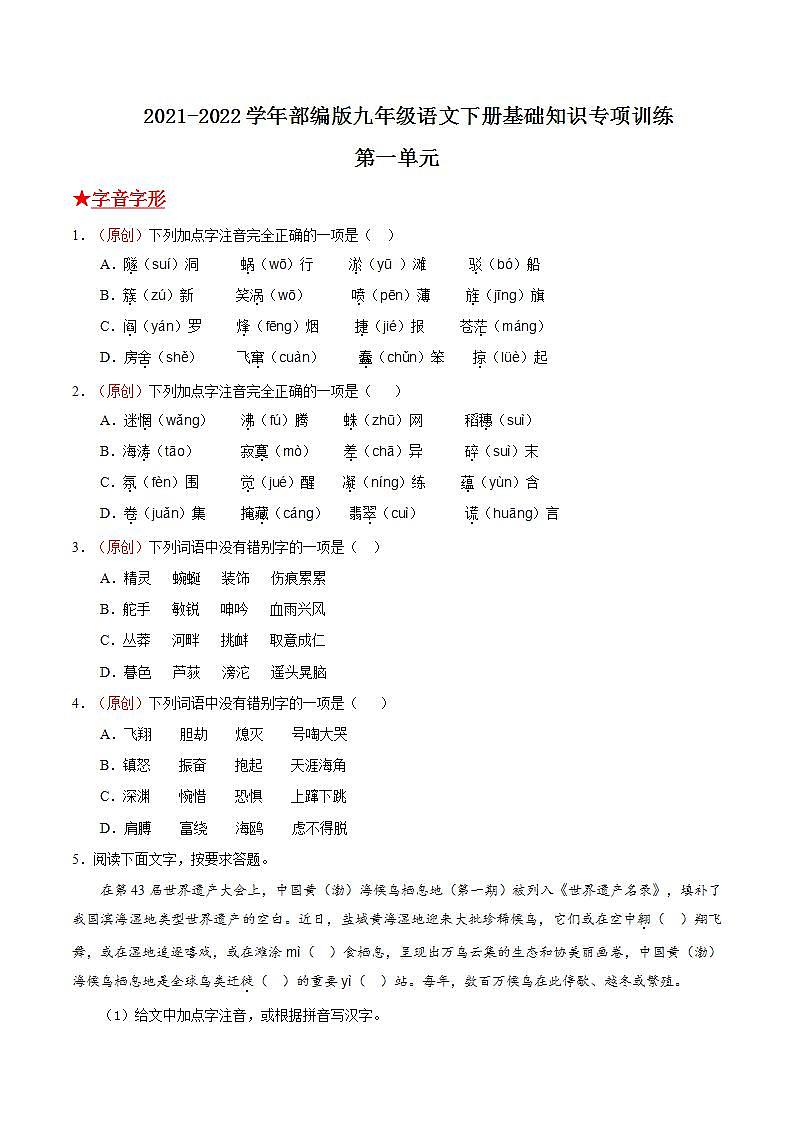 第一单元 2021-2022学年九年级语文下册基础知识专项复习（部编版）第1页