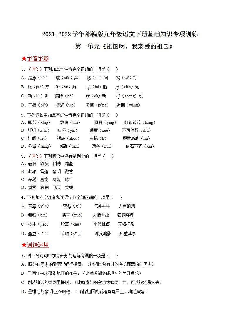第一单元《祖国啊，我亲爱的祖国》2021-2022学年九年级语文下册基础知识专项复习（部编版）第1页