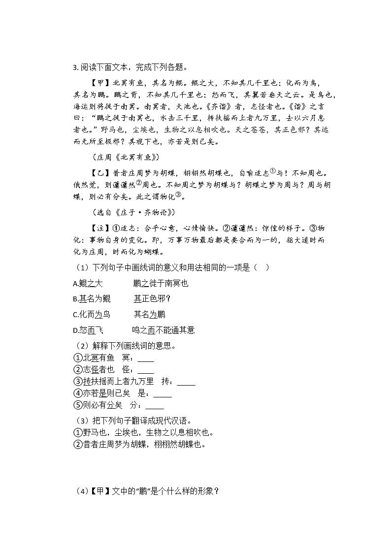 八年级语文部编版下册第21课《庄子二则》（北冥有鱼）课时练习 (5)03