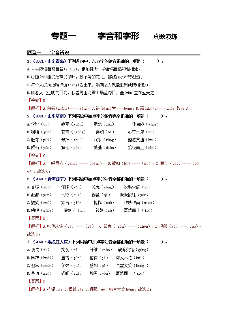 字音和字形——2022年中考一轮语文专题复习第1页