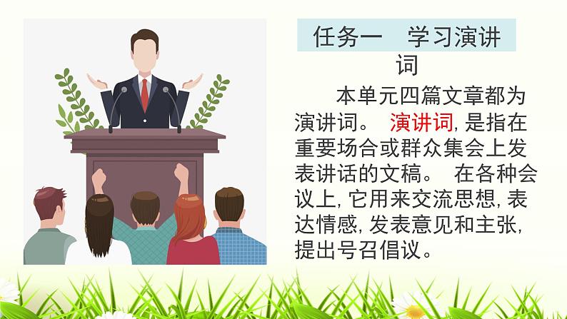 2021—2022学年八年级语文部编版下册任务一《学习演讲词》课件（共15张PPT）第1页