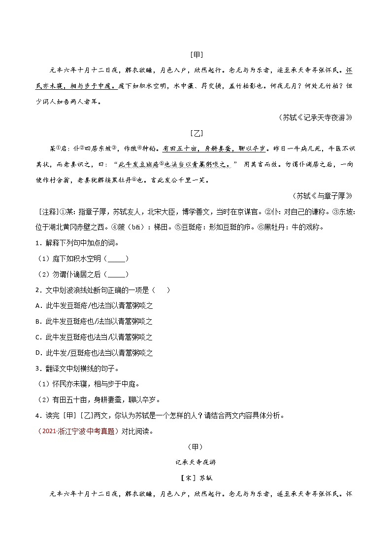 07 八上《记承天寺夜游》-2022年中考语文21篇文言文记诵必背 （原卷版）第3页